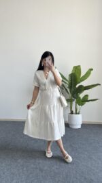 Rüya Kruvaze Yaka Volanlı Elbise - Beyaz