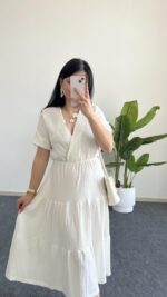 Rüya Kruvaze Yaka Volanlı Elbise - Beyaz - Görsel 3