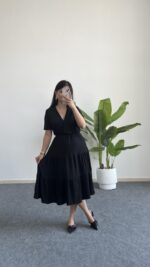 Rüya Kruvaze Yaka Volanlı Elbise - Siyah - Görsel 10