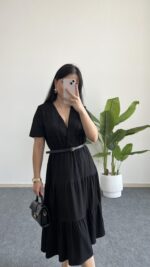 Rüya Kruvaze Yaka Volanlı Elbise - Siyah - Görsel 2