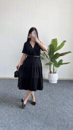 Rüya Kruvaze Yaka Volanlı Elbise - Siyah - Görsel 11