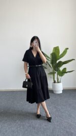 Rüya Kruvaze Yaka Volanlı Elbise - Siyah