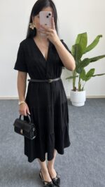 Rüya Kruvaze Yaka Volanlı Elbise - Siyah - Görsel 5