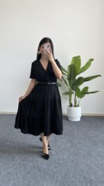 Rüya Kruvaze Yaka Volanlı Elbise - Siyah - Görsel 8