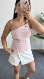 Sadem Tek Omuz Tokalı Bluz - Pembe - Görsel 4