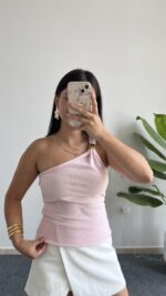 Sadem Tek Omuz Tokalı Bluz - Pembe - Görsel 3