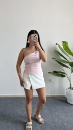 Sadem Tek Omuz Tokalı Bluz - Pembe - Görsel 2