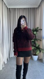 Sakallı Leopar Desen Bordo Kazak - Görsel 7