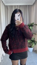 Sakallı Leopar Desen Bordo Kazak - Görsel 5