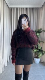 Sakallı Leopar Desen Bordo Kazak - Görsel 2