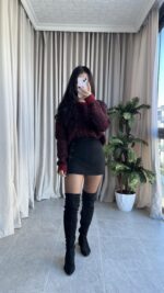 Sakallı Leopar Desen Bordo Kazak