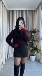 Sakallı Leopar Desen Bordo Kazak - Görsel 8