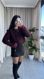 Sakallı Leopar Desen Bordo Kazak - Görsel 6