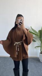 Sandela Kemer Kuşaklı Kaşe Pelerin - Kahve