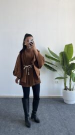 Sandela Kemer Kuşaklı Kaşe Pelerin - Kahve - Görsel 6