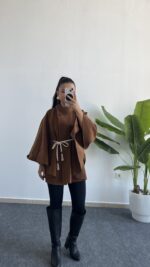 Sandela Kemer Kuşaklı Kaşe Pelerin - Kahve - Görsel 4