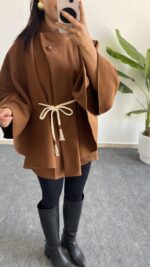 Sandela Kemer Kuşaklı Kaşe Pelerin - Kahve - Görsel 7