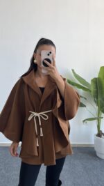 Sandela Kemer Kuşaklı Kaşe Pelerin - Kahve - Görsel 3