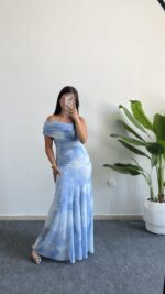 Sandes Tek Omuz Batik Desenli Kruvaze Tül Elbise - Bebe Mavi - Görsel 4