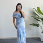 Sandes Tek Omuz Batik Desenli Kruvaze Tül Elbise - Bebe Mavi