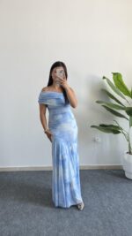 Sandes Tek Omuz Batik Desenli Kruvaze Tül Elbise - Bebe Mavi