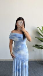 Sandes Tek Omuz Batik Desenli Kruvaze Tül Elbise - Bebe Mavi - Görsel 2