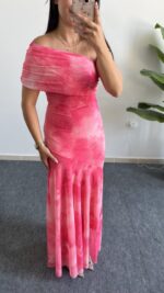 Sandes Tek Omuz Batik Desenli Kruvaze Tül Elbise - Pembe - Görsel 4