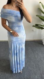 Sandes Tek Omuz Batik Desenli Kruvaze Tül Elbise - Bebe Mavi - Görsel 3