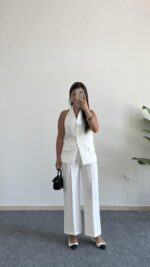 Sandra Boyundan Geçmeli Yelek Pantolon Takım - Beyaz