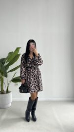 Satre Leopar Desen Kruvaze Kemerli Elbise - Görsel 2