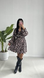 Satre Leopar Desen Kruvaze Kemerli Elbise - Görsel 4