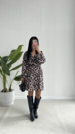 Satre Leopar Desen Kruvaze Kemerli Elbise - Görsel 3