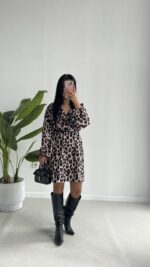 Satre Leopar Desen Kruvaze Kemerli Elbise