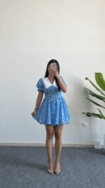 Selesta Bebe Yaka Mini Balon Elbise - Mavi - Görsel 4