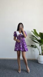 Selesta Bebe Yaka Mini Balon Elbise - Mor - Görsel 2