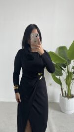 Setra Gold Toka Detaylı Anvelop Elbise - Siyah - Görsel 4