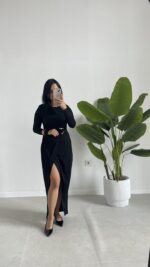 Setra Gold Toka Detaylı Anvelop Elbise - Siyah - Görsel 5