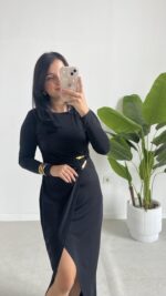 Setra Gold Toka Detaylı Anvelop Elbise - Siyah - Görsel 3