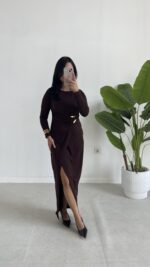 Setra Gold Toka Detaylı Anvelop Elbise - Kahve - Görsel 3