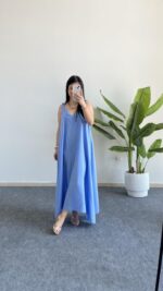 Shaya Asimetrik Kesim Bambu Elbise - Bebe Mavi - Görsel 6