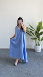 Shaya Asimetrik Kesim Bambu Elbise - Bebe Mavi - Görsel 4