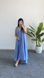 Shaya Asimetrik Kesim Bambu Elbise - Bebe Mavi - Görsel 3