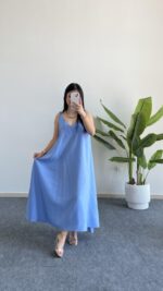 Shaya Asimetrik Kesim Bambu Elbise - Bebe Mavi - Görsel 5