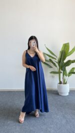 Shaya Asimetrik Kesim Bambu Elbise -Lacivert - Görsel 5