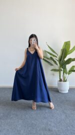 Shaya Asimetrik Kesim Bambu Elbise -Lacivert - Görsel 2