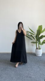 Shaya Asimetrik Kesim Bambu Elbise - Siyah - Görsel 4