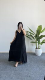 Shaya Asimetrik Kesim Bambu Elbise - Siyah - Görsel 5