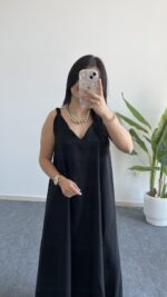 Shaya Asimetrik Kesim Bambu Elbise - Siyah - Görsel 2