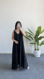 Shaya Asimetrik Kesim Bambu Elbise - Siyah - Görsel 6