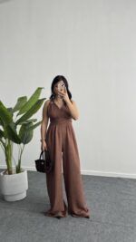 Rima Sırt Dekolteli Tulum - Kahve